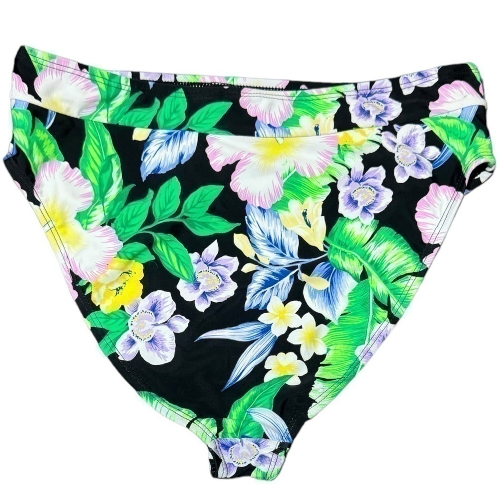 California Sunshine Floral Tropical Black Bikini Bottoms Womens Medium High Cut